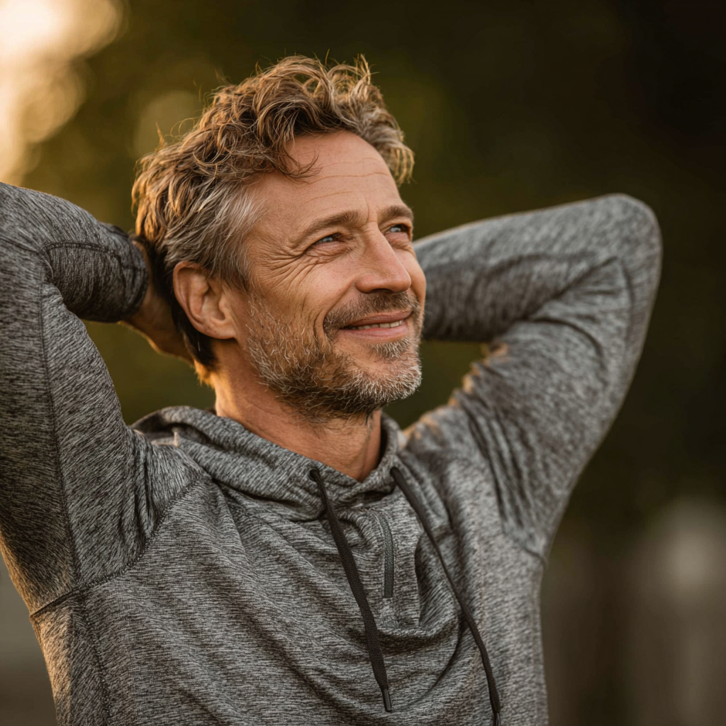 Happy fit man in his late 40s smiling while doing stretching exercises outdoors in a park setting, wearing comfortable workout clothes and showing positive energy